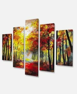 Design Art Art Walk Through Autumn Forest Art Print Canvas - 60 X 32 - 5 Panels