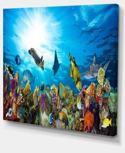 Design Art Art Colorful Coral Reef With Fishes Seascape Canvas Art Print - 40 X 30