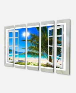 Design Art Art Window Open To Beach With Palm Extra Canvas Art - 60 X 28 - 5 Panels
