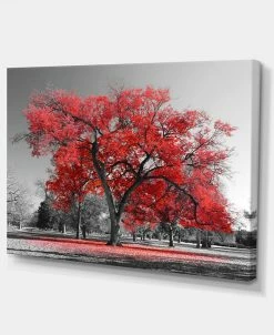 Design Art Art Big Red Tree On Foggy Day Landscape Canvas Art Print - 32 X 16