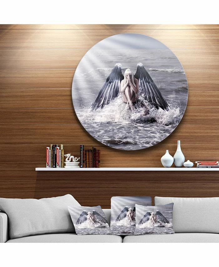 Design Art Art 'Woman With Dark Angel Wings' Beach Metal Circle Wall Art - 36 X 36