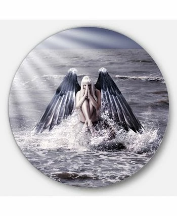 Design Art Art 'Woman With Dark Angel Wings' Beach Metal Circle Wall Art - 36 X 36 - Image 2