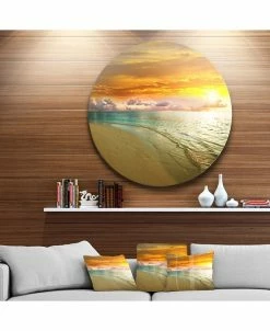 Design Art Art 'Amazingly Colorful Beach With Footprints' Seascape Metal Circle Wall Art - 36 X 36