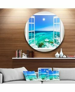 Design Art Art 'Open Window To Wavy Ocean' Extra Large Seashore Metal Circle Wall Art - 36 X 36