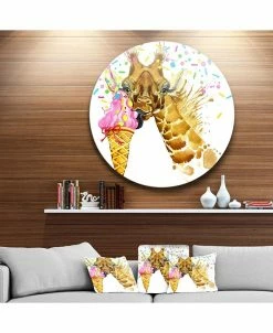 Design Art Art 'Giraffe Eating Ice Cream Watercolor' Disc Contemporary Animal Metal Circle Wall Decor - 36 X 36