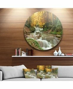 Design Art Art 'Forest Waterfall With Yellow Trees' Large Landscape Metal Circle Wall Art - 36 X 36