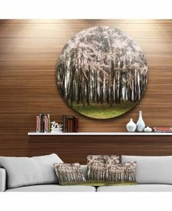 Design Art Art 'Cherry Blossoms In Pine Tree' Landscape Round Circle Metal Wall Art - 23 X 23