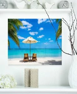Design Art Art 'Turquoise Beach With Chairs' Seashore Photo Metal Wall Art - 20 X 12