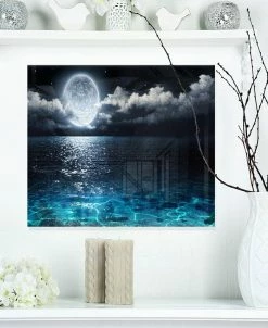 Design Art Art 'Romantic Full Moon Over Sea' Seascape Metal Wall Art - 20 X 12