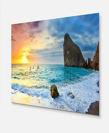 Design Art Art 'Vibrant Morning Sea With Yellow Sun' Seascape Metal Wall Art - 20 X 12 - Image 2
