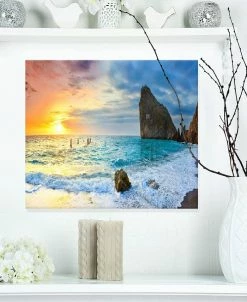 Design Art Art 'Vibrant Morning Sea With Yellow Sun' Seascape Metal Wall Art - 20 X 12