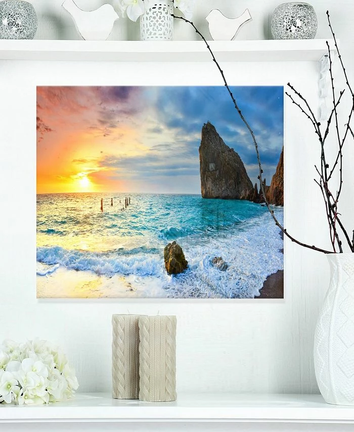 Design Art Art 'Vibrant Morning Sea With Yellow Sun' Seascape Metal Wall Art - 20 X 12