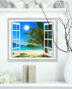 Design Art Art 'Window Open To Beach With Palm' Extra Large Seashore Metal Wall Art - 20 X 12