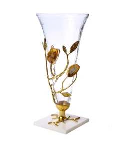 Classic Touch 15 Glass Vase With Leaf And Agate Stone Design