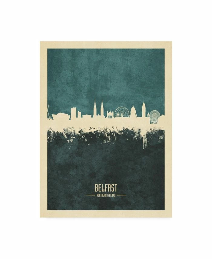Trademark Global Michael Tompsett Belfast Northern Ireland Skyline Teal Canvas Art - 19.5 X 26