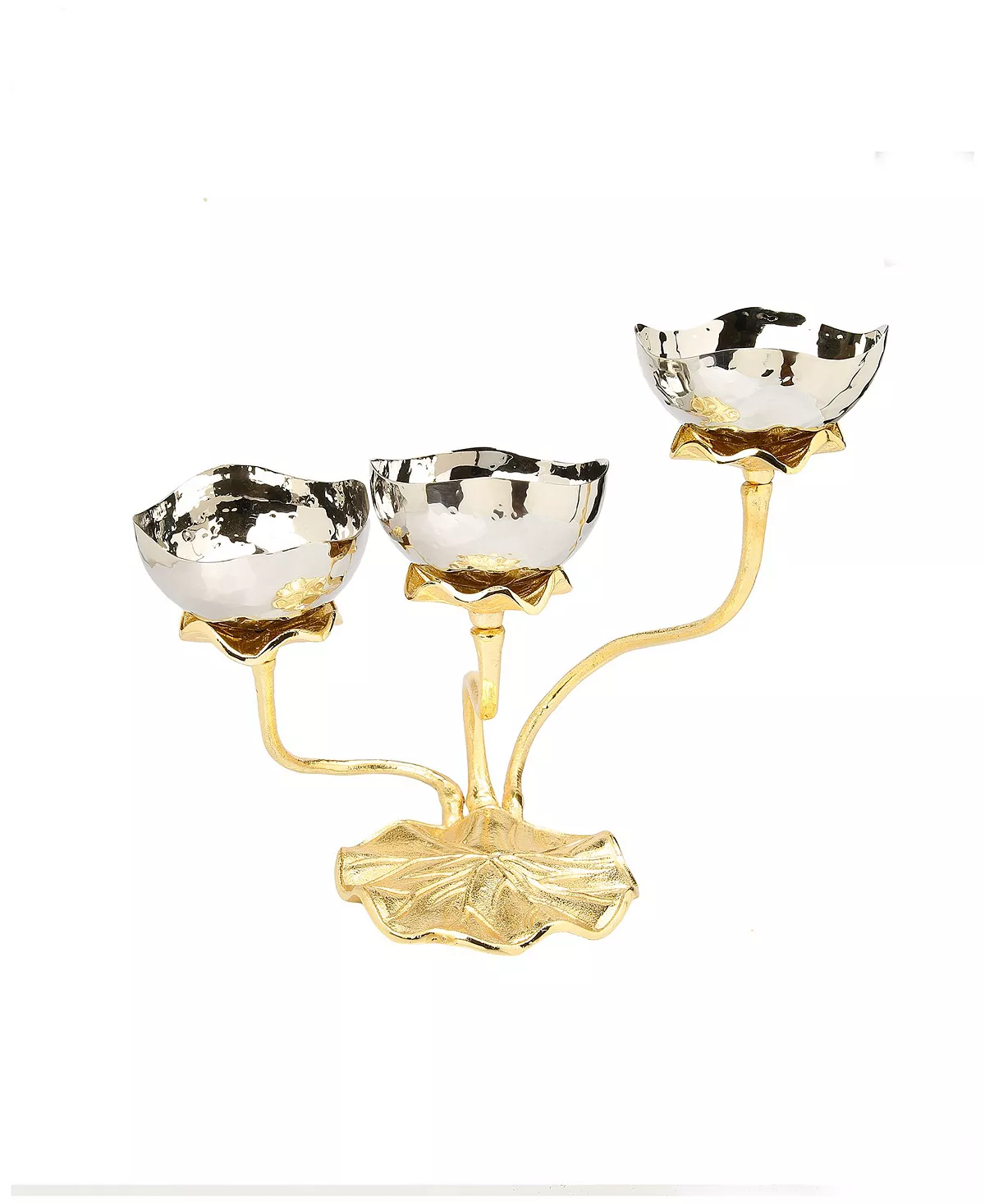 Classic Touch 3 Bowl Stainless Steel Relish Dish With Gold Lotus Foot