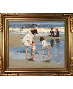 La Pastiche By Overstockart Children Playing At The Seashore With Florentine Frame, 27 X 31